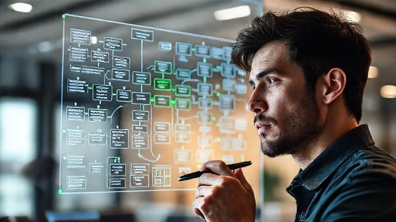 A photorealistic image of a freelancer, looking intently at a complex digital flowchart displayed on a transparent screen. The flowchart illustrates various interconnected tasks and processes, with some sections highlighted in green to indicate potential automation points. The freelancer has a thoughtful expression, with a pen in hand, suggesting active analysis. Cinematic lighting, sharp focus on the flowchart and the freelancer's face, depth of field blurring a modern office background. 8K hyper-detailed, professional photography, shot on a high-end DSLR.