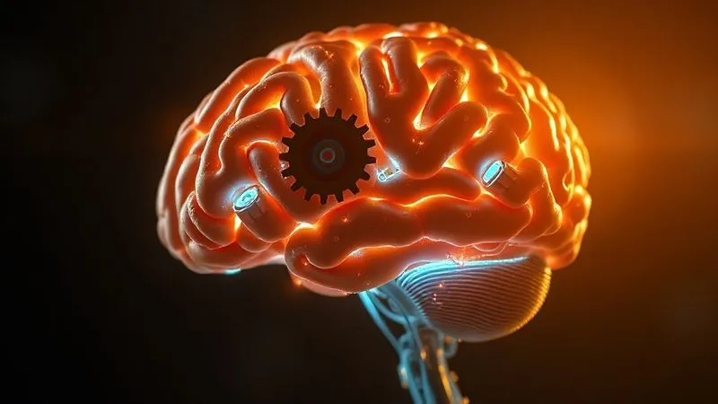 A photorealistic image of a person's brain with subtle gears and digital circuits integrated, glowing with clear, focused light, symbolizing a shift in mindset towards efficient, automated thinking. Cinematic lighting, sharp focus, depth of field. 8K hyper-detailed, professional photography, shot on a high-end DSLR.