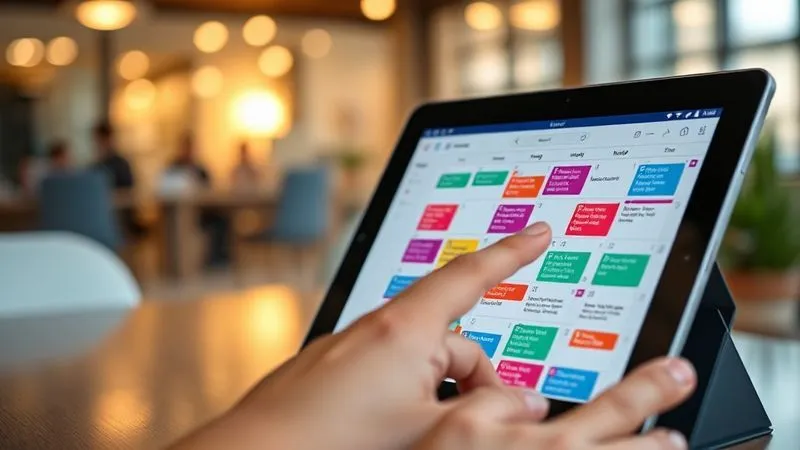 A photorealistic close-up of a tablet screen displaying a social media scheduling calendar, with various colorful posts neatly arranged across days and weeks. A blurred human hand is interacting with the screen, indicating ease of use. Cinematic lighting, sharp focus on the screen, depth of field blurring a background of a modern office. 8K hyper-detailed, professional photography, shot on a high-end DSLR.