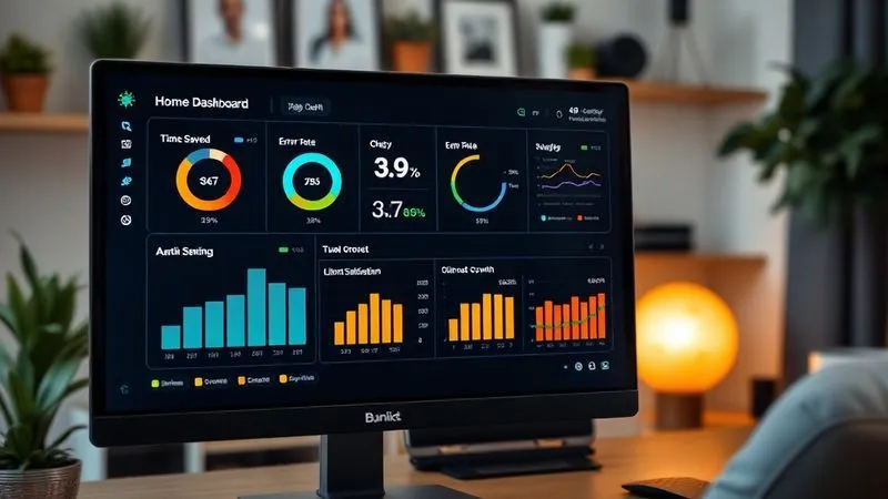 A photorealistic dashboard display on a computer screen, showing various graphs and charts for 'Time Saved,' 'Error Rate,' 'Client Satisfaction,' and 'Revenue Growth,' all indicating positive trends. The screen is in sharp focus, with a blurred background of a modern, organized home office. Cinematic lighting, 8K hyper-detailed, professional photography, shot on a high-end DSLR.