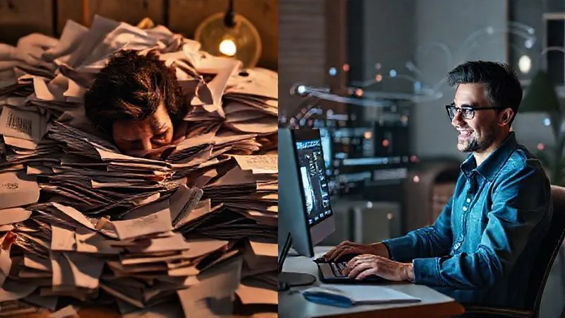A photorealistic image contrasting two scenes: on the left, a stressed freelancer buried under piles of paper and looking at multiple open browser tabs; on the right, the same freelancer calm and smiling, working efficiently on a single screen with abstract digital processes flowing smoothly in the background, cinematic lighting, sharp focus, 8K hyper-detailed, shot on a high-end DSLR, conveying the transformation from chaos to calm.