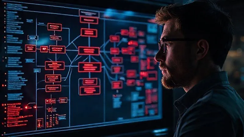 A photorealistic image of a freelancer looking thoughtfully at a complex flowchart on a transparent screen, highlighting bottlenecks with red glowing nodes, cinematic lighting, sharp focus, 8K hyper-detailed, shot on a high-end DSLR, conveying problem-solving and strategic thinking.