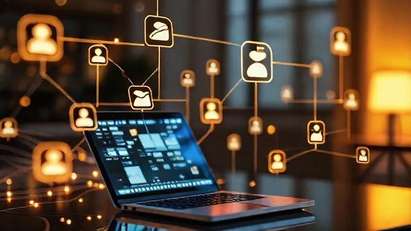 A photorealistic image of a seamless digital flow of communication, represented by glowing lines connecting a freelancer's laptop to various client icons, with automated messages and calendars synchronizing in the background, cinematic lighting, sharp focus, 8K hyper-detailed, shot on a high-end DSLR, conveying effortless client interaction.