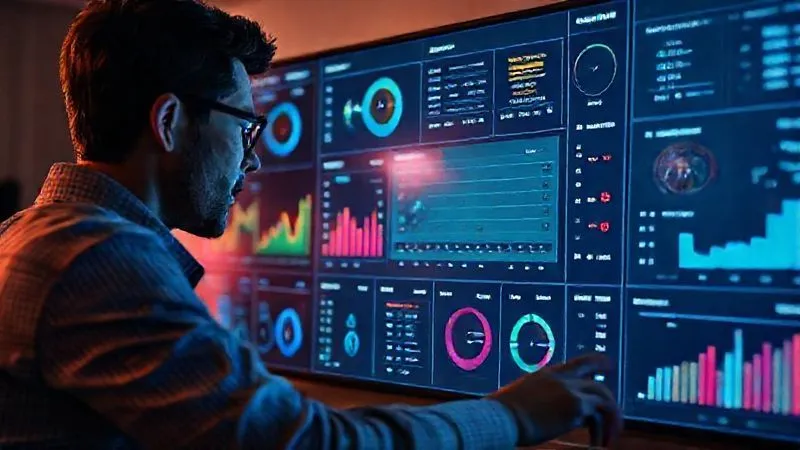 A photorealistic image of a freelancer analyzing a dashboard with various metrics and graphs, showing efficiency gains and time saved due to automation, with a thoughtful expression, cinematic lighting, sharp focus on the dashboard, 8K hyper-detailed, shot on a high-end DSLR, conveying continuous improvement and strategic analysis.