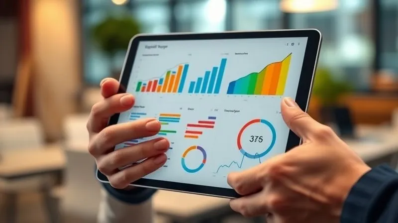 A photorealistic close-up of a freelancer's hands presenting a sleek, professional report filled with colorful, clean data visualizations, bar charts, and growth curves. The report is digital, displayed on a high-resolution tablet. Cinematic lighting, sharp focus on the report and hands, with a subtle depth of field blurring a background of a modern office. 8K hyper-detailed, shot on a high-end DSLR.