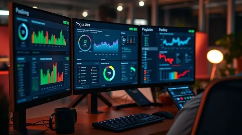 A photorealistic image of a freelancer's desk setup with multiple screens displaying various project management tools, time trackers, and client feedback dashboards. The screen shows colorful graphs and organized task lists. Cinematic lighting, sharp focus on the digital interfaces, depth of field blurring the background of a modern workspace. 8K hyper-detailed, shot on a high-end DSLR.