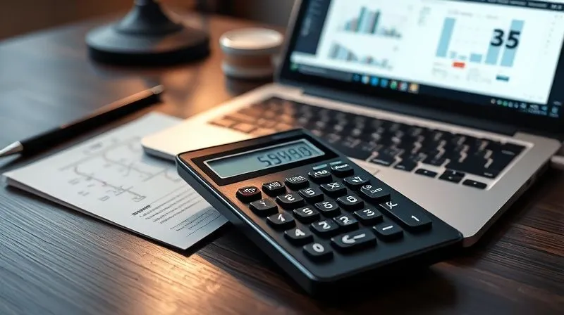 A photorealistic image of a professional financial calculator resting on a desk next to a modern laptop displaying a graphic design project. The calculator screen clearly shows a complex equation for project pricing, with notes and sketches of design elements scattered around. Cinematic lighting, sharp focus on the calculator and screen, depth of field. 8K hyper-detailed, professional photography, shot on a high-end DSLR.