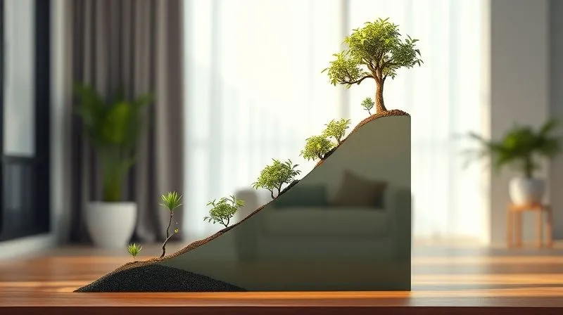 A photorealistic image of a growth chart or a financial graph ascending sharply, transitioning from a small, budding plant at the base to a strong, mature tree at the peak. The background shows a subtle, elegant design studio. Cinematic lighting, sharp focus on the growth metaphor, depth of field. 8K hyper-detailed, professional photography, shot on a high-end DSLR.
