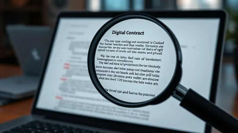 A photorealistic image of a magnifying glass hovering over a complex digital contract displayed on a laptop screen, with key clauses highlighted in red. Cinematic lighting, sharp focus on the contract details, depth of field blurring the background office setting. 8K hyper-detailed, professional photography, shot on a high-end DSLR.