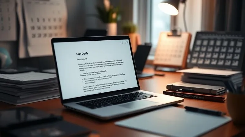 A photorealistic image of a freelancer's desk with a laptop displaying an email draft for a formal payment reminder, surrounded by neatly organized documents and a calendar with highlighted dates. Cinematic lighting, sharp focus on the email content, depth of field blurring the rest of the desk. 8K hyper-detailed, professional photography, shot on a high-end DSLR.
