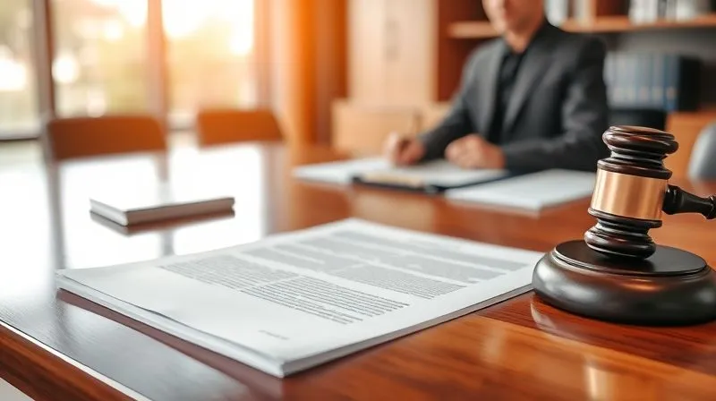 A photorealistic image of a legal brief and a gavel on a polished wooden desk in a modern law office, with a blurred silhouette of a judge or lawyer in the background. Cinematic lighting, sharp focus on the legal documents, depth of field blurring the office. 8K hyper-detailed, professional photography, shot on a high-end DSLR.