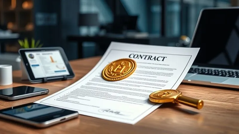 A photorealistic image of a robust digital contract document with a golden seal, representing security and protection. Surrounding it are various digital tools like a tablet with project management software, a smartphone, and a secured laptop. Cinematic lighting, sharp focus on the contract and tools, depth of field blurring a modern office background. 8K hyper-detailed, professional photography, shot on a high-end DSLR.