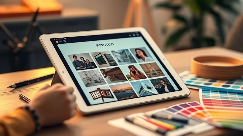 A photorealistic image of a professional digital portfolio displayed on a sleek tablet, surrounded by creative tools like a stylus and color swatches, with soft, ambient lighting. Sharp focus on the portfolio content, depth of field blurring the background, 8K hyper-detailed, professional photography, shot on a high-end DSLR.