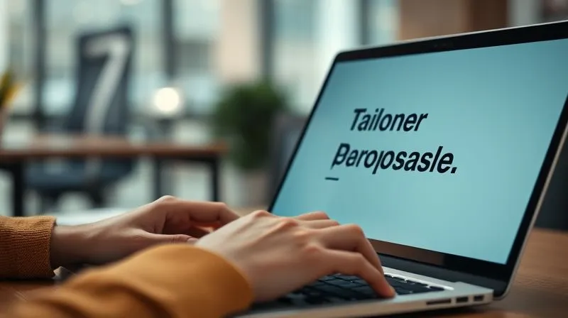 A photorealistic image of a person's hands typing a tailored proposal on a laptop, with a focus on the screen showing a personalized message. The background is a softly blurred office environment. Cinematic lighting highlights the hands and screen, sharp focus, depth of field, 8K hyper-detailed, professional photography, shot on a high-end DSLR.