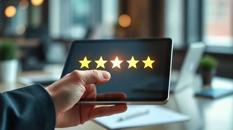 A photorealistic image of a hand giving a five-star rating on a tablet screen, surrounded by a subtle glow representing client satisfaction. The background is a blurred, professional workspace. Cinematic lighting, sharp focus on the hand and tablet, depth of field, 8K hyper-detailed, professional photography, shot on a high-end DSLR.