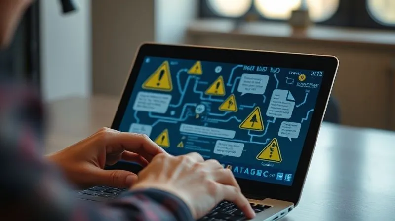 A photorealistic image of a person carefully navigating a digital minefield on a laptop screen, with subtle warning signs representing common freelance pitfalls. Cinematic lighting, sharp focus on the screen, depth of field blurring the background, 8K hyper-detailed, professional photography, shot on a high-end DSLR.