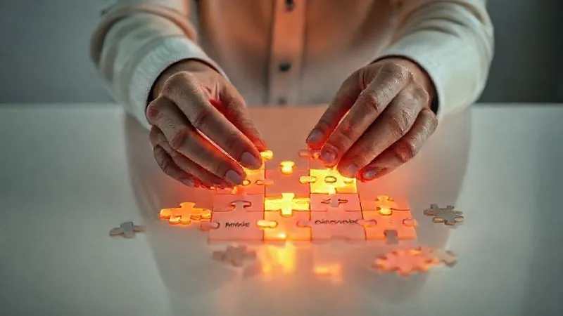 A photorealistic, professional photography, 8K, cinematic lighting, sharp focus, depth of field, shot on a high-end DSLR, of a person's hands delicately assembling glowing puzzle pieces, each representing a core brand value like 'trust', 'innovation', 'purpose', on a clean, minimalist table. The background is softly blurred, suggesting clarity and focus. No text or logos.