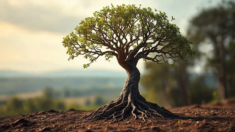 A photorealistic image of a strong, intricate, and deeply rooted tree growing from a solid foundation, its branches reaching upwards towards the light. The tree represents a personal brand, resilient and ever-growing. Cinematic lighting, sharp focus on the tree's details, depth of field blurring a distant landscape, 8K hyper-detailed, professional photography, shot on a high-end DSLR, conveying strength and longevity.