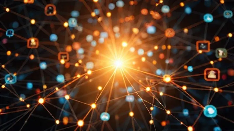 A photorealistic image of a complex, interconnected web of digital content, with glowing lines representing data and information flowing between different platforms like blogs, social media icons, and video screens. In the center, a strong, vibrant light source symbolizing the freelancer's personal brand. Cinematic lighting, sharp focus on the central light and connecting lines, depth of field blurring the background, 8K hyper-detailed, professional photography, shot on a high-end DSLR, conveying a dynamic content ecosystem.