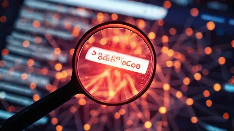A photorealistic image of a magnifying glass hovering over a complex, glowing digital network, highlighting specific keywords and connections. The background shows a blurred search engine results page, with the freelancer's profile or website prominently displayed. Cinematic lighting, sharp focus on the magnifying glass and highlighted elements, depth of field blurring the background, 8K hyper-detailed, professional photography, shot on a high-end DSLR, conveying digital visibility and targeted search results.