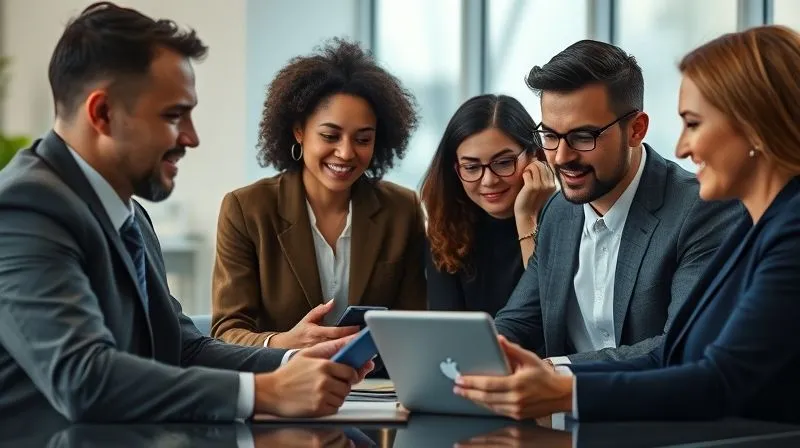 A photorealistic image of a diverse group of professionals collaborating online, with subscription icons subtly integrated into their digital screens, symbolizing various recurring service models. The scene is bright and modern, with cinematic lighting and sharp focus on the interactions. 8K hyper-detailed, professional photography, shot on a high-end DSLR.