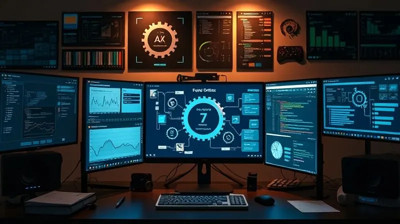A photorealistic image of a freelancer's desk with various digital tools and software interfaces displayed on multiple screens, symbolizing automation and scalable processes. Gears and flowcharts are subtly integrated into the UI. Cinematic lighting, sharp focus on the central screen, depth of field, 8K hyper-detailed, professional photography, shot on a high-end DSLR.