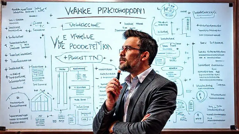 A photorealistic image of a thoughtful consultant, male or female, standing in front of a whiteboard filled with keywords and diagrams related to unique value proposition, market differentiation, and client benefits. The consultant is holding a marker, deep in thought, with a clear, focused expression. professional photography, 8K, cinematic lighting, sharp focus, depth of field, shot on a high-end DSLR.