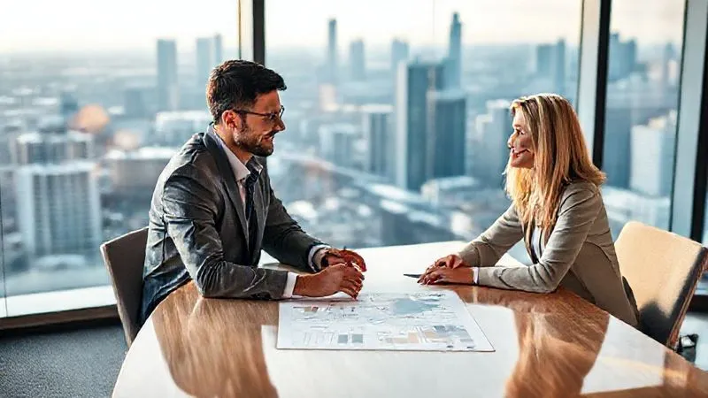 A photorealistic image of a consultant and a client engaged in a productive discussion across a modern meeting table. They are both smiling, looking at a tablet with a strategic plan displayed. The setting is a bright, professional office with a view of a city skyline, conveying success and partnership. professional photography, 8K, cinematic lighting, sharp focus, depth of field, shot on a high-end DSLR.