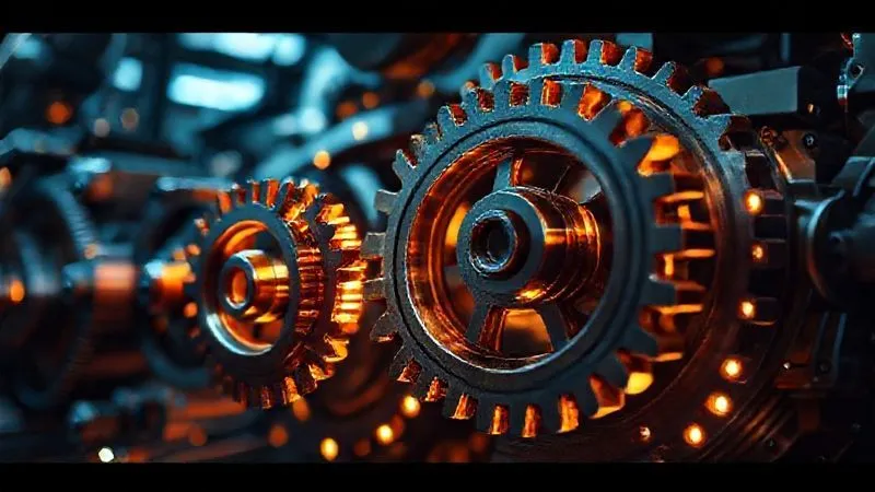 A photorealistic image of intricate, glowing gears interlocking smoothly, symbolizing automation, efficiency, and well-oiled systems in a modern, abstract setting. The lighting is cinematic, highlighting the precision and seamless operation. professional photography, 8K, cinematic lighting, sharp focus, depth of field, shot on a high-end DSLR.
