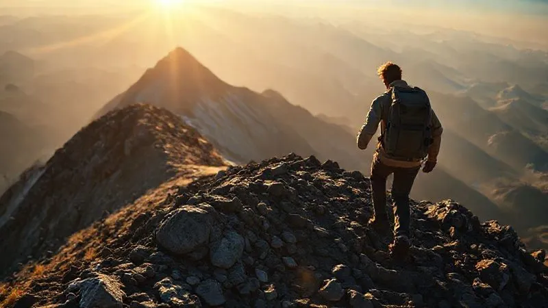 A photorealistic image of a person confidently climbing a rugged mountain path, looking towards a sunlit summit. The person's posture conveys determination and resilience, with the environment suggesting a challenging but rewarding journey. cinematic lighting, sharp focus on the climber, depth of field blurring the distant peaks, 8K hyper-detailed, shot on a high-end DSLR.