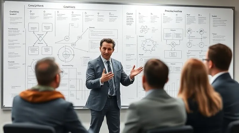 A photorealistic image of a consultant, mid-30s, standing confidently in front of a white board covered with complex strategic diagrams and flowcharts, explaining a concept to an attentive small group of executives. The consultant is gesturing with purpose, conveying expertise and clarity. Cinematic lighting, sharp focus on the consultant, depth of field blurring the background, 8K hyper-detailed, professional photography.