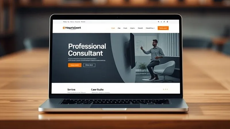 A photorealistic image of a sleek, modern laptop screen displaying a professional consultant's website, with sections like 'Services', 'Case Studies', and 'Client Testimonials' clearly visible. The website design is clean, elegant, and user-friendly, with a strong brand identity. Cinematic lighting, sharp focus on the screen, depth of field blurring the background, 8K hyper-detailed, professional photography.