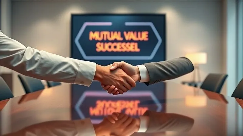 A photorealistic image of two professional individuals, a consultant and a client, shaking hands across a modern, polished conference table. A subtle, glowing infographic representing 'Mutual Value' and 'Successful Partnership' is visible on a screen in the background. The atmosphere is one of trust and agreement, with confident expressions. Cinematic lighting, sharp focus on the handshake, depth of field blurring the background, 8K hyper-detailed, professional photography.
