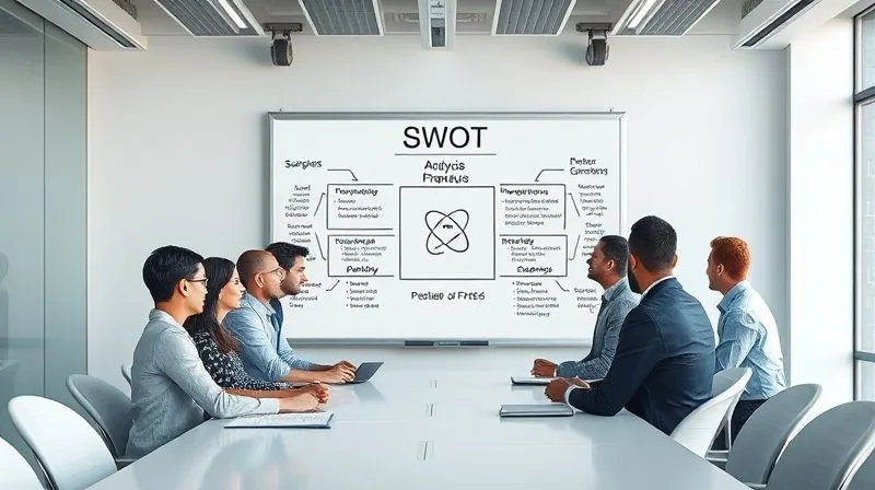 A photorealistic image of a diverse group of business professionals in a modern meeting room, intensely focused on a whiteboard filled with strategic frameworks like SWOT analysis, PESTEL, and Porter's Five Forces, cinematic lighting, sharp focus, 8K hyper-detailed, professional photography.
