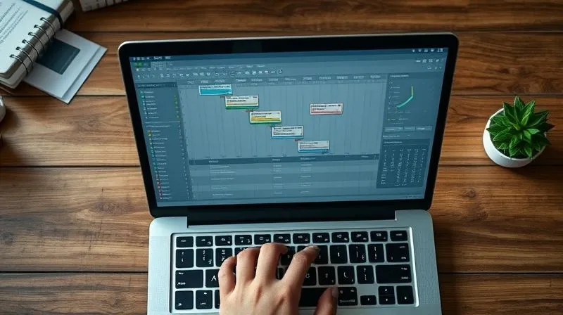 A photorealistic top-down view of a project management dashboard on a laptop screen, displaying Gantt charts, task lists, and resource allocation, with a consultant's hands subtly interacting with the keyboard. Cinematic lighting, sharp focus, 8K hyper-detailed, professional photography, shot on a high-end DSLR.