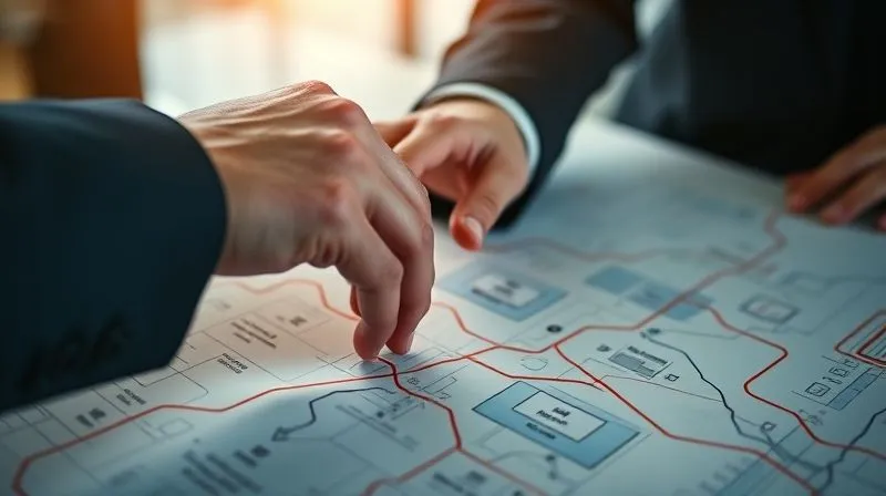 A photorealistic close-up of a consultant's hand, gently guiding another person's hand over a complex strategic roadmap, symbolizing mentorship and guidance, indicating a shared journey towards a common goal. Soft, warm cinematic lighting, sharp focus on the hands and roadmap, depth of field, 8K hyper-detailed, professional photography.