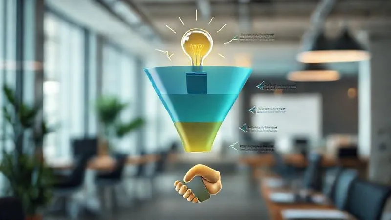 A photorealistic infographic depicting a clear, three-stage sales funnel (Awareness, Consideration, Decision) with metaphorical elements like a lightbulb at the top, a magnifying glass in the middle, and a handshake at the bottom. The funnel should have a smooth, flowing visual design, with subtle data points and arrows indicating movement. Cinematic lighting, sharp focus on the funnel structure, depth of field blurring a professional office background. 8K hyper-detailed, professional photography, shot on a high-end DSLR.