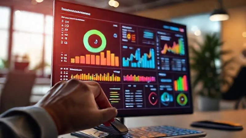 A photorealistic image of a digital dashboard displaying various sales funnel metrics: conversion rates, lead source breakdown, and customer lifetime value. The screen is glowing with vibrant, clear data visualizations (charts, graphs, numbers) in a modern, minimalist interface. A hand is hovering over a mouse, suggesting interaction and analysis. Cinematic lighting, sharp focus on the data, depth of field blurring a contemporary office background. 8K hyper-detailed, professional photography, shot on a high-end DSLR.