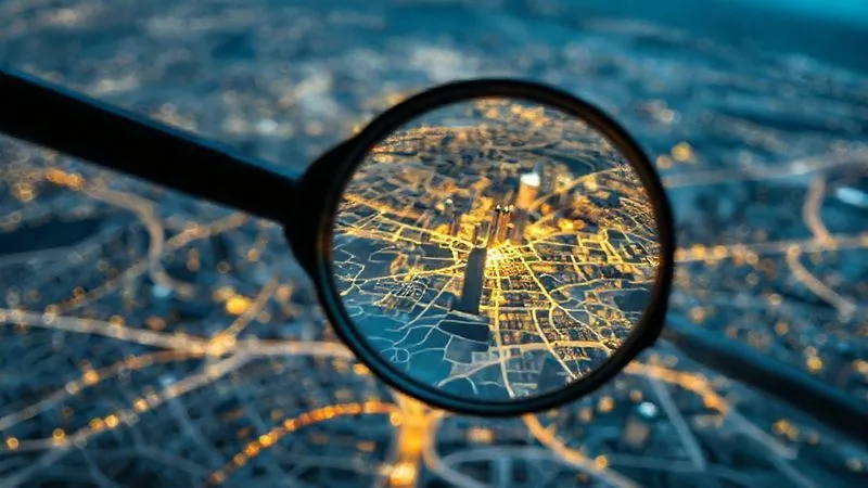 Photorealistic, professional photography, 8K, cinematic lighting, sharp focus, depth of field, shot on a high-end DSLR. A magnifying glass hovering over a detailed map of a complex city, focusing intensely on a single, illuminated district. The background is blurred, emphasizing the sharp focus on the specific area. The scene conveys the idea of deep niche specialization and targeted client identification.