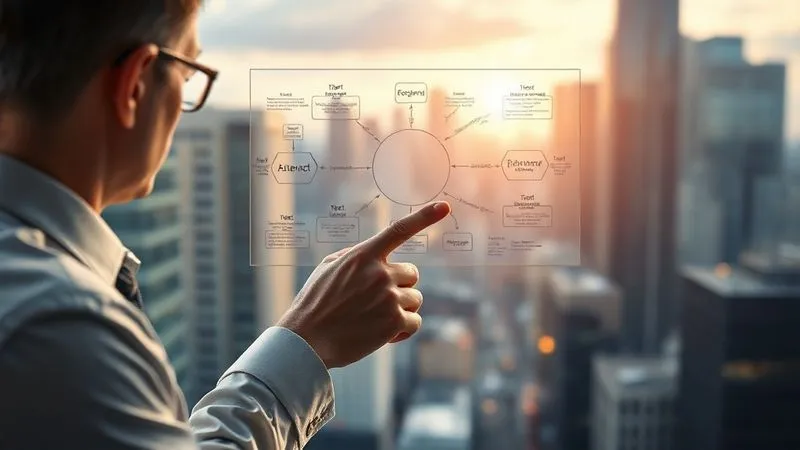 Photorealistic image of a consultant pointing to a complex strategy diagram, demonstrating value creation rather than time spent. The background is a blurred cityscape, emphasizing high-stakes business. Cinematic lighting, sharp focus on the diagram, 8K hyper-detailed.