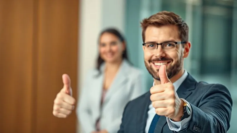 Photorealistic image of a business executive giving a thumbs up, with a blurred consultant in the background, symbolizing successful client testimonial. Professional photography, soft, warm lighting, sharp focus on the executive's satisfied expression, depth of field, 8K hyper-detailed.