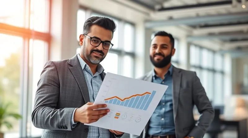 A photorealistic image of a professional marketing consultant, mid-30s, diverse ethnicity, confidently presenting a data-rich report to a small business owner. They are in a modern, brightly lit office. The consultant is gesturing towards a graph showing clear growth, conveying expertise and trust. Cinematic lighting, sharp focus on the report and their interaction, depth of field blurring the background. 8K hyper-detailed, shot on a high-end DSLR.