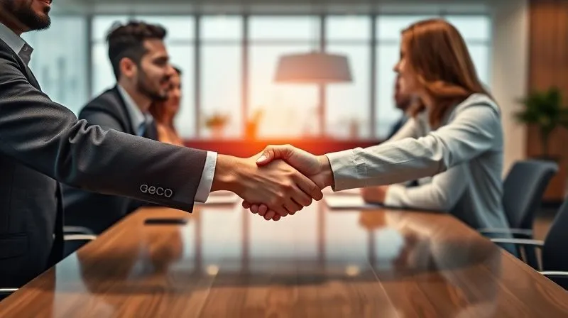 A photorealistic image of two diverse professionals, a marketing consultant and a business owner, shaking hands across a modern conference table. There's a subtle glow around their hands, symbolizing agreement and trust. Cinematic lighting, sharp focus on the handshake, depth of field blurring the background of a sophisticated office. 8K hyper-detailed, shot on a high-end DSLR.