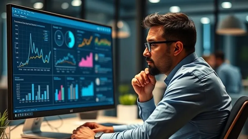 A photorealistic image of a professional marketing consultant, mid-30s, diverse ethnicity, sitting at a desk, reviewing a dashboard with various graphs and charts on a large monitor. The consultant is focused, with a thoughtful expression, using data to make strategic decisions. Cinematic lighting, sharp focus on the dashboard and their face, depth of field blurring a modern office background. 8K hyper-detailed, shot on a high-end DSLR.