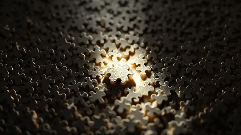 A photorealistic image of a single, brightly lit spotlight shining on a unique, detailed puzzle piece, while the surrounding area is a blurry, undifferentiated mass of similar but generic pieces. Cinematic lighting, sharp focus on the unique piece, depth of field. 8K hyper-detailed, professional photography, shot on a high-end DSLR.