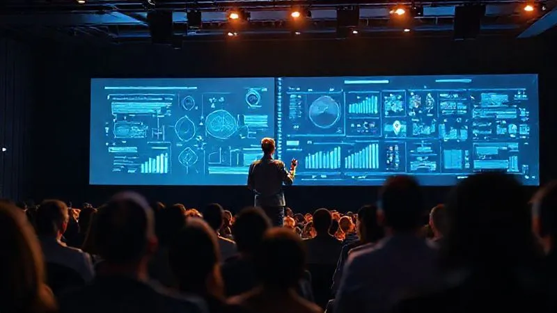 A photorealistic image of a person standing on a stage, confidently presenting complex data on a large, transparent screen to an engaged audience. The speaker is illuminated by cinematic lighting, sharp focus on the speaker and screen, depth of field blurring the audience slightly. 8K hyper-detailed, professional photography, shot on a high-end DSLR.