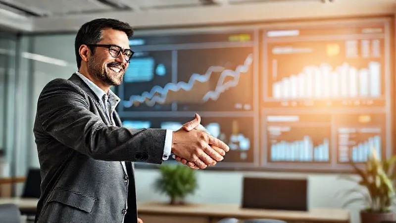 A photorealistic image of a professional consultant shaking hands with a satisfied client in a modern office, both smiling. In the background, a digital dashboard displays positive growth metrics and success indicators. Cinematic lighting, sharp focus on the handshake and dashboard, depth of field. 8K hyper-detailed, professional photography, shot on a high-end DSLR.