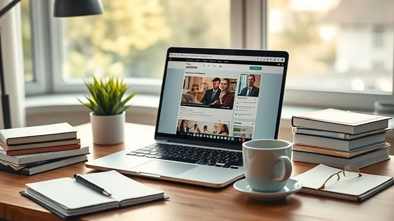Photorealistic image of a consultant's desk with a laptop displaying a course creation platform, surrounded by neatly organized notebooks and a cup of coffee. The window shows a soft, early morning light, emphasizing productivity and calm. Cinematic lighting, sharp focus on the laptop, depth of field blurring the background. 8K hyper-detailed, professional photography.