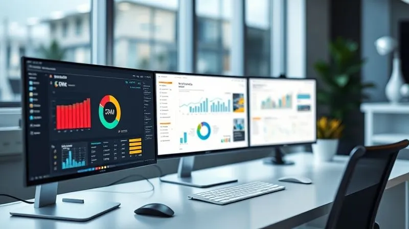 Photorealistic image of a sleek, modern desk setup with multiple monitors displaying various productivity dashboards: one showing a CRM, another a project management tool, and a third an email automation platform. The scene is well-lit with soft, ambient light, conveying efficiency and advanced technology. Sharp focus on the screens, depth of field blurring the background. 8K hyper-detailed, professional photography.