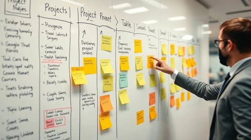 Photorealistic image of a whiteboard filled with a meticulously organized project timeline, using sticky notes and clear arrows to denote tasks, dependencies, and progress. A consultant is pointing to a key milestone, emphasizing efficiency and clarity. Cinematic lighting, sharp focus on the whiteboard, depth of field blurring the background office. 8K hyper-detailed, professional photography.